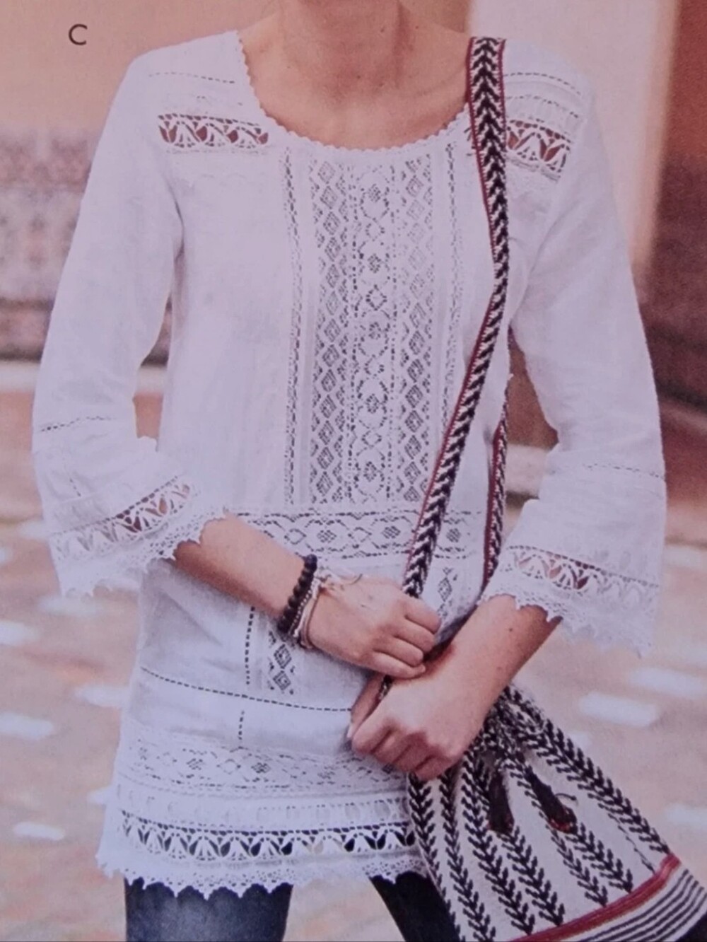 Peruvian Connection black Victorian Tunic Top L / XL linen cotton lace $189